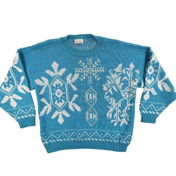 Vintage G.F.C. LTD Sweater Womens Medium Blue White Snowflake Beaded Made USA - Picture 1 of 15